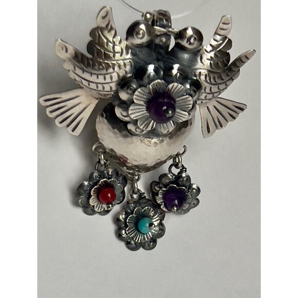 Handmade Mexican Sterling Silver  Love Bird Heart Pendant - Picture 7 of 15